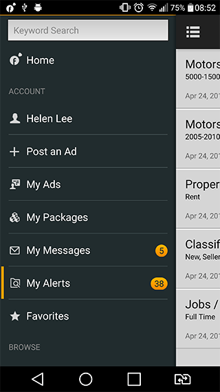 Found alerts counter in main menu in Android